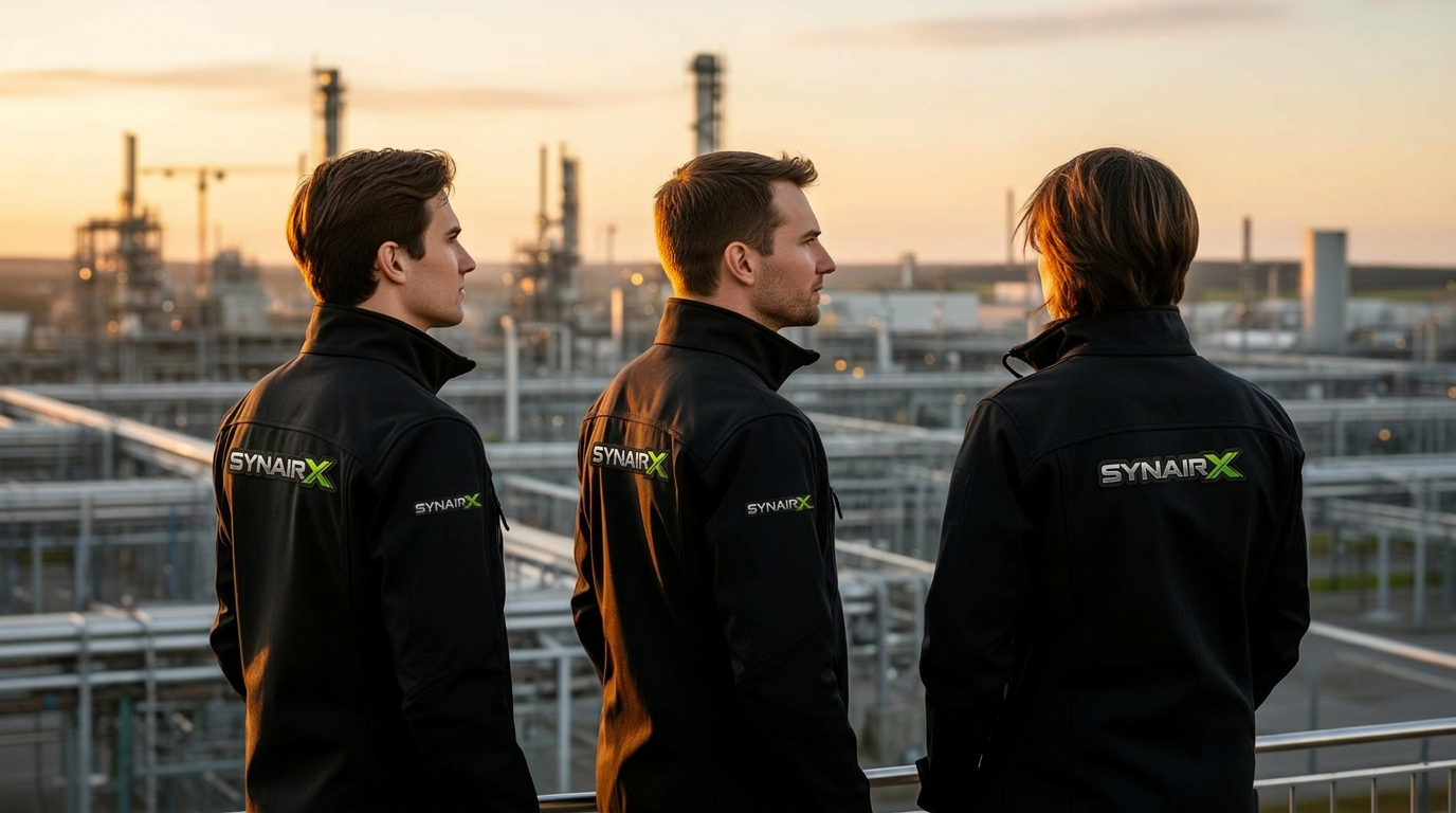 SynairX collega's in zwarte technische jassen kijken uit over een industriële site bij zonsondergang