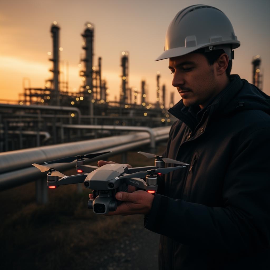 Drone-piloot bereidt operatie voor op industriële site